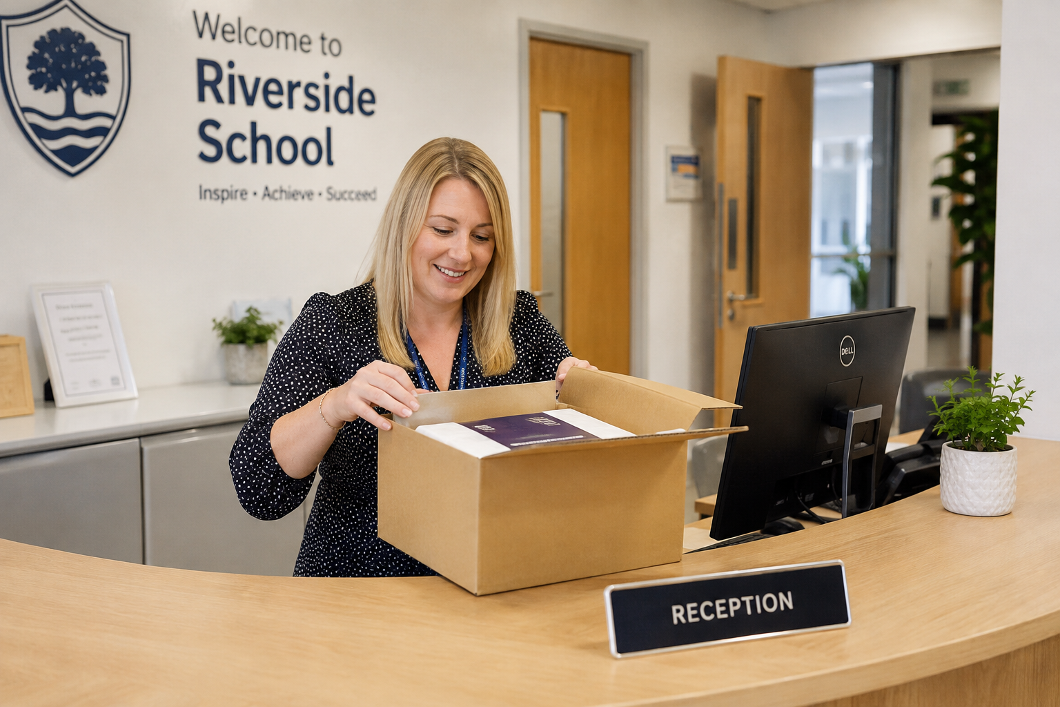 A school receptionist opening a parcel