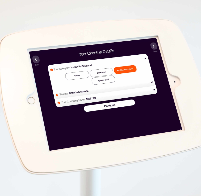 An iPad in a white iPad stand. The iPad screen displays the Custr check-in app in use.