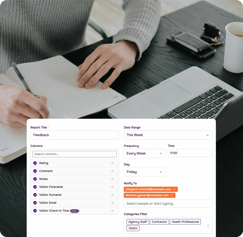 Someone working at a desk writing in a book. Displayed at the bottom of the image is a screenshot of a report being created from the Custr dashboard