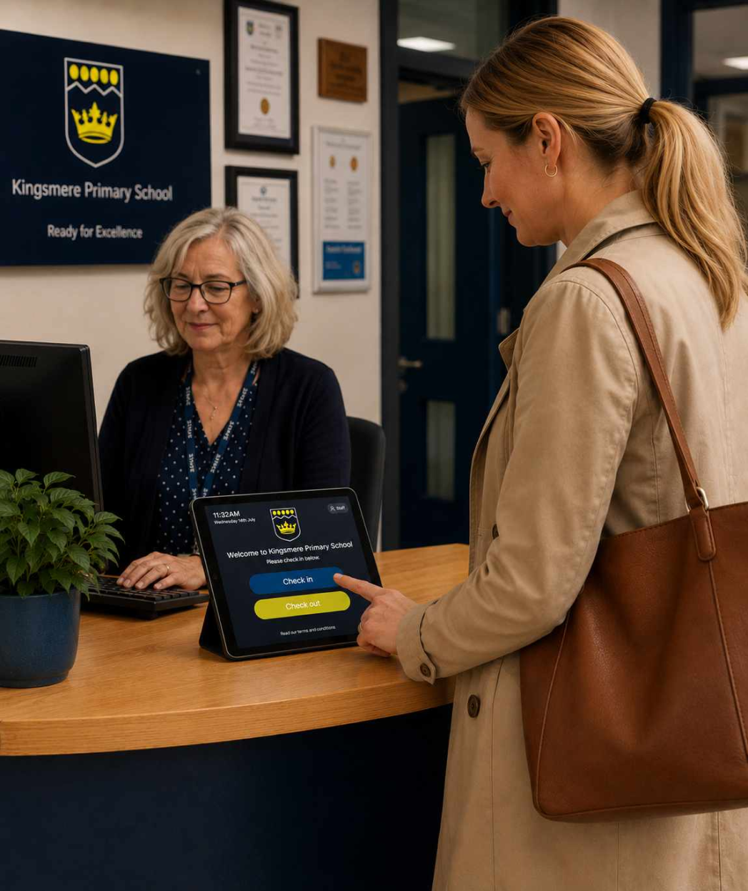 A women using an iPad at school reception to check-in