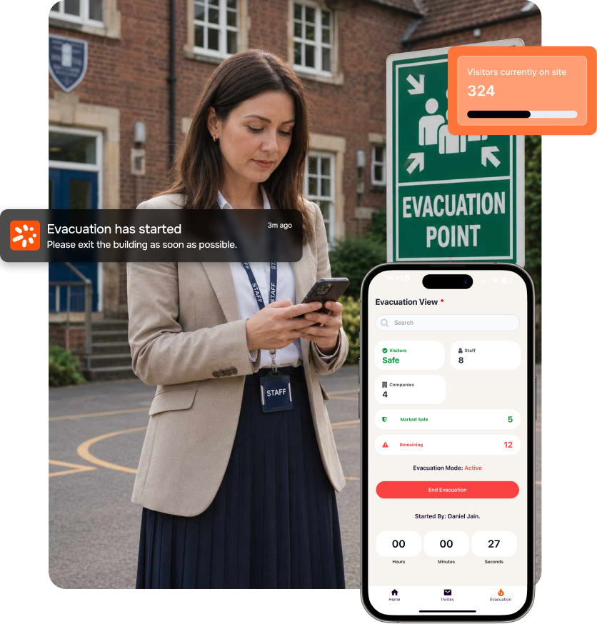A staff member stands outside a building using a smartphone during an evacuation. Overlaid graphics show an evacuation alet notification, an evacuation point sign, and a mobile dashboard tracking people marked safe and remaining during the evacuation