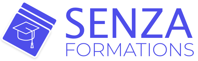 Logo de SENZA FORMATIONS avec un symbole de cartes de crédit et une toque de diplômé