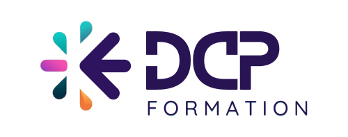 Logo de DCP Formation avec un symbole coloré et le texte 'DCP Formation' en violet.