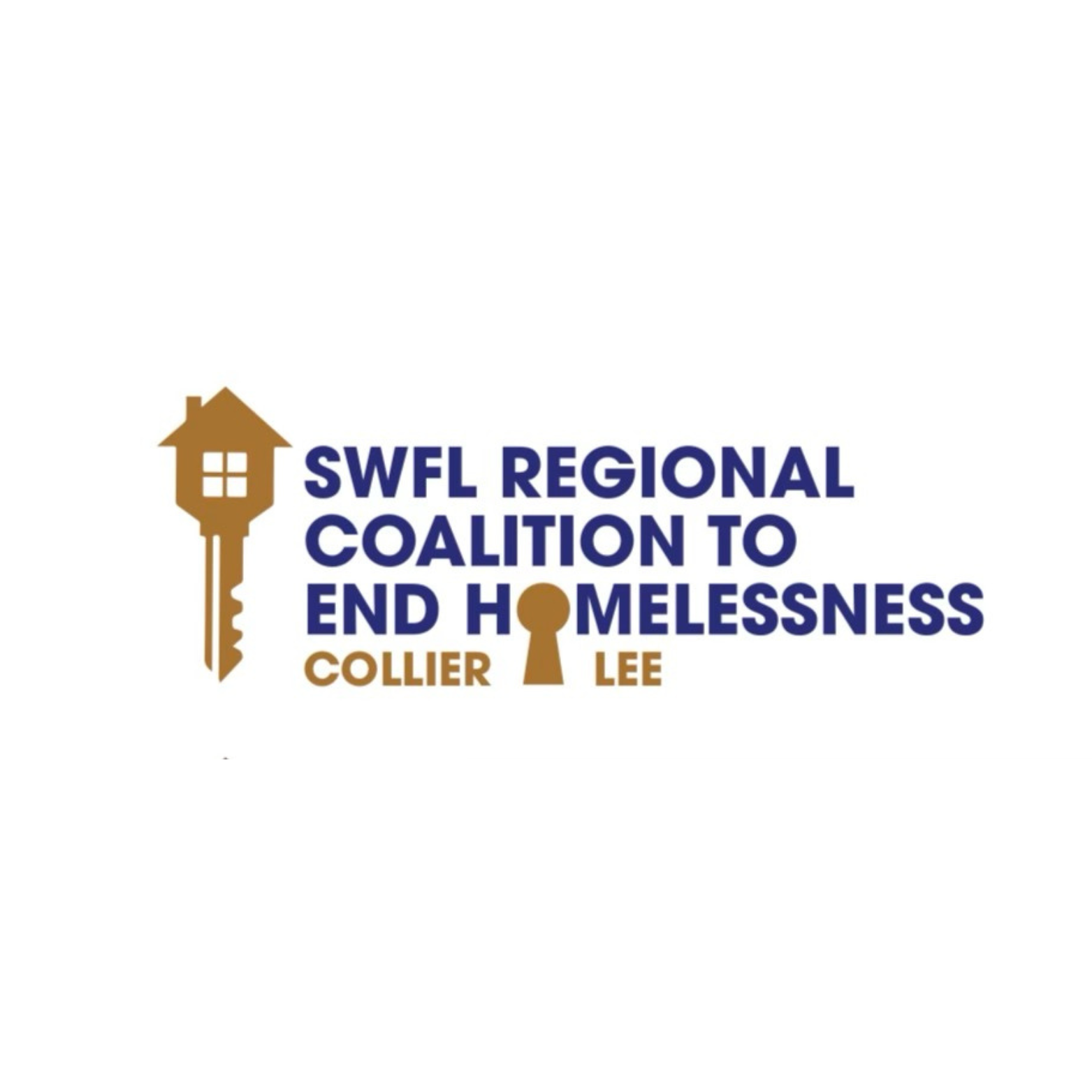 Logo of SWFL Regional Coalition to End Homelessness featuring a brown house key with a house-shaped head and four-window design and the text "SWFL Regional Coalition to End Homelessness" in bold blue and tan font.