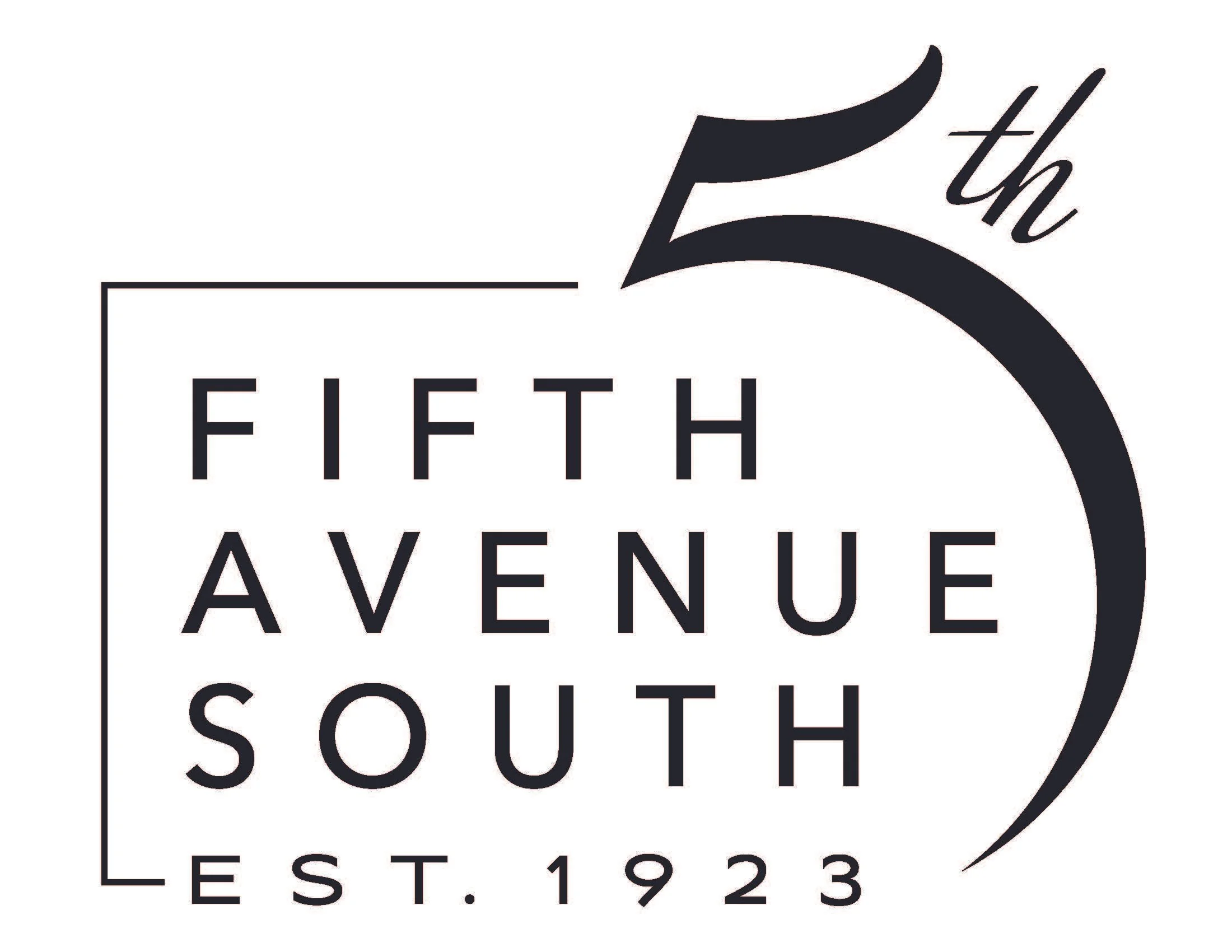 Black and white logo for Fifth Avenue South established in 1923, featuring stylized text with a curved line and a small 'th' at the top right of the number 5.