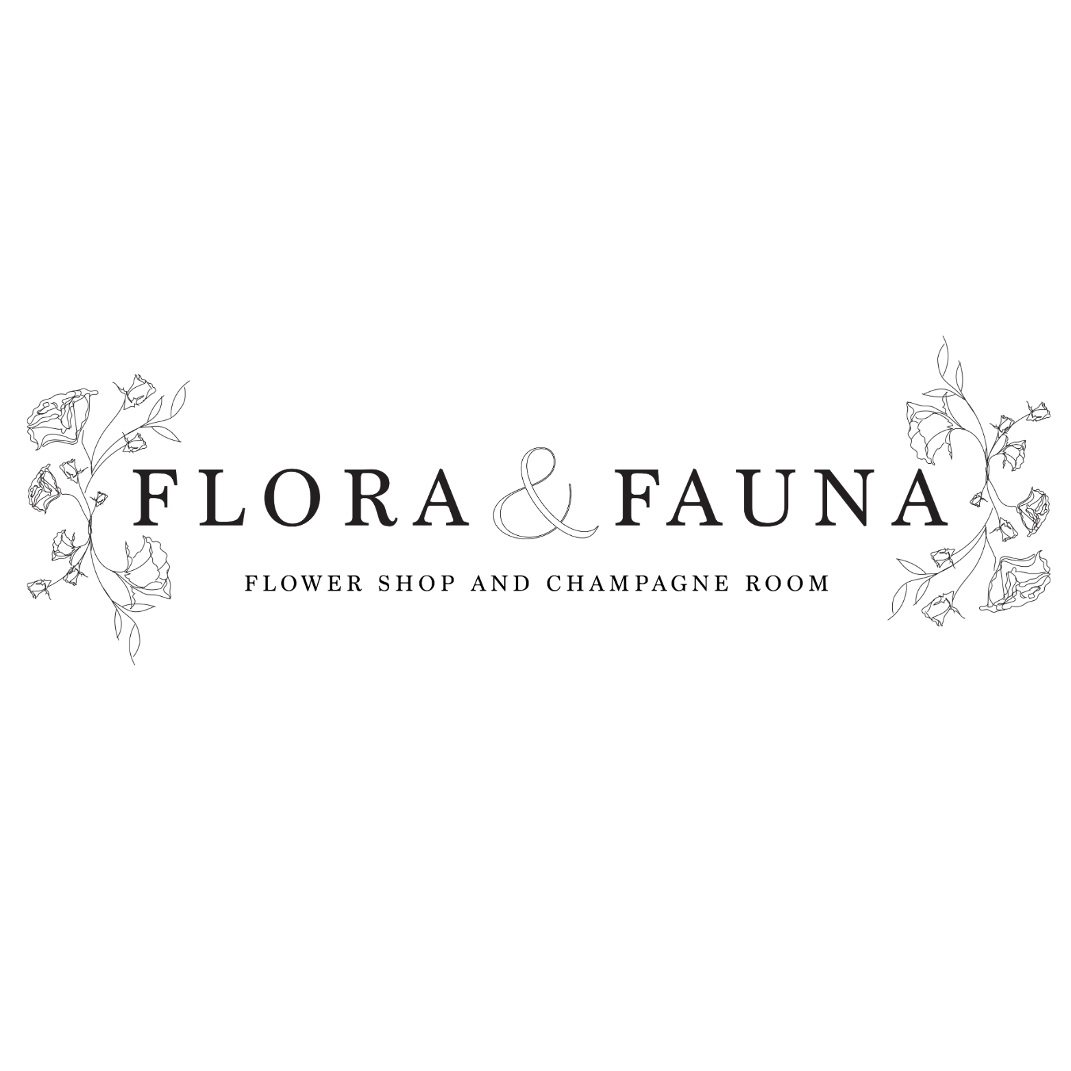 Flora & Fauna logo with floral illustrations, featuring the text 'Flor & Fauna' and 'Flower Shop and Champagne Room' underneath.