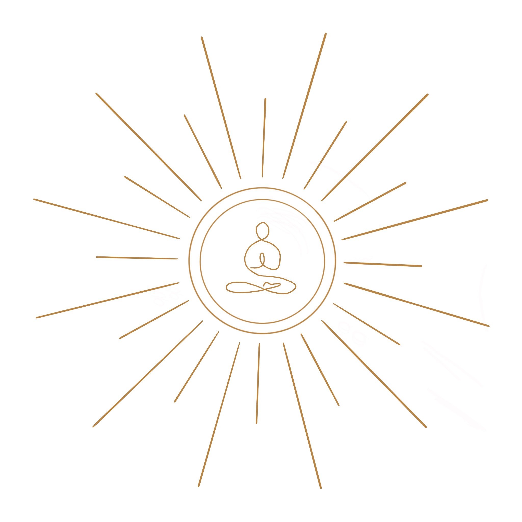 Minimalist line drawing of a meditating person inside a circle, surrounded by radiating sunburst lines.