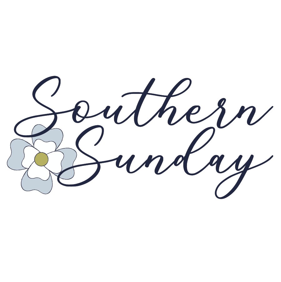 Text that says "Southern Sunday" with a simple floral illustration of a white flower with a yellow center and light blue petals.
