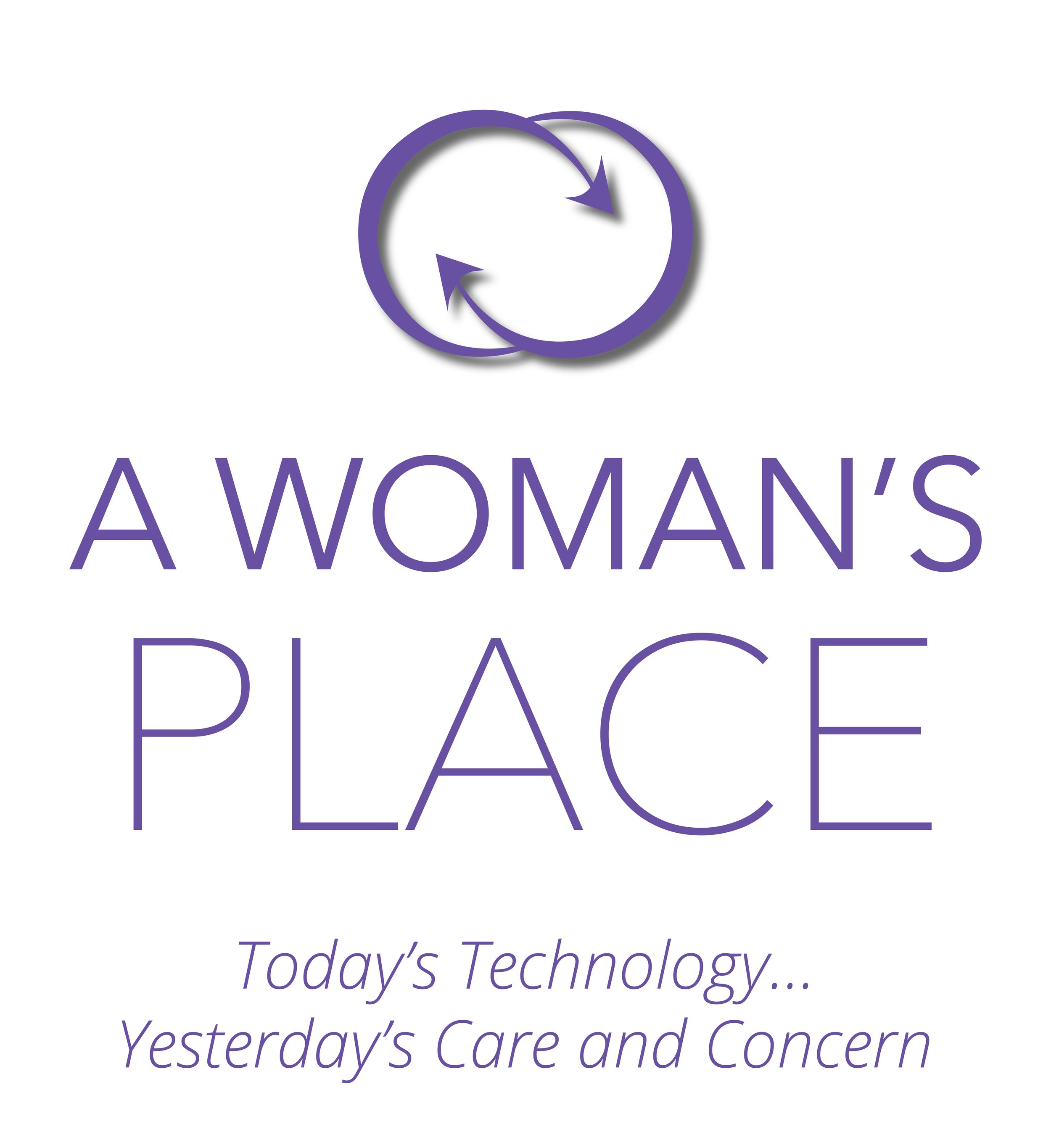 Book cover titled 'A Woman's Place: Today's Technology... Yesterday's Care and Concern' with a purple circular arrow graphic at the top.