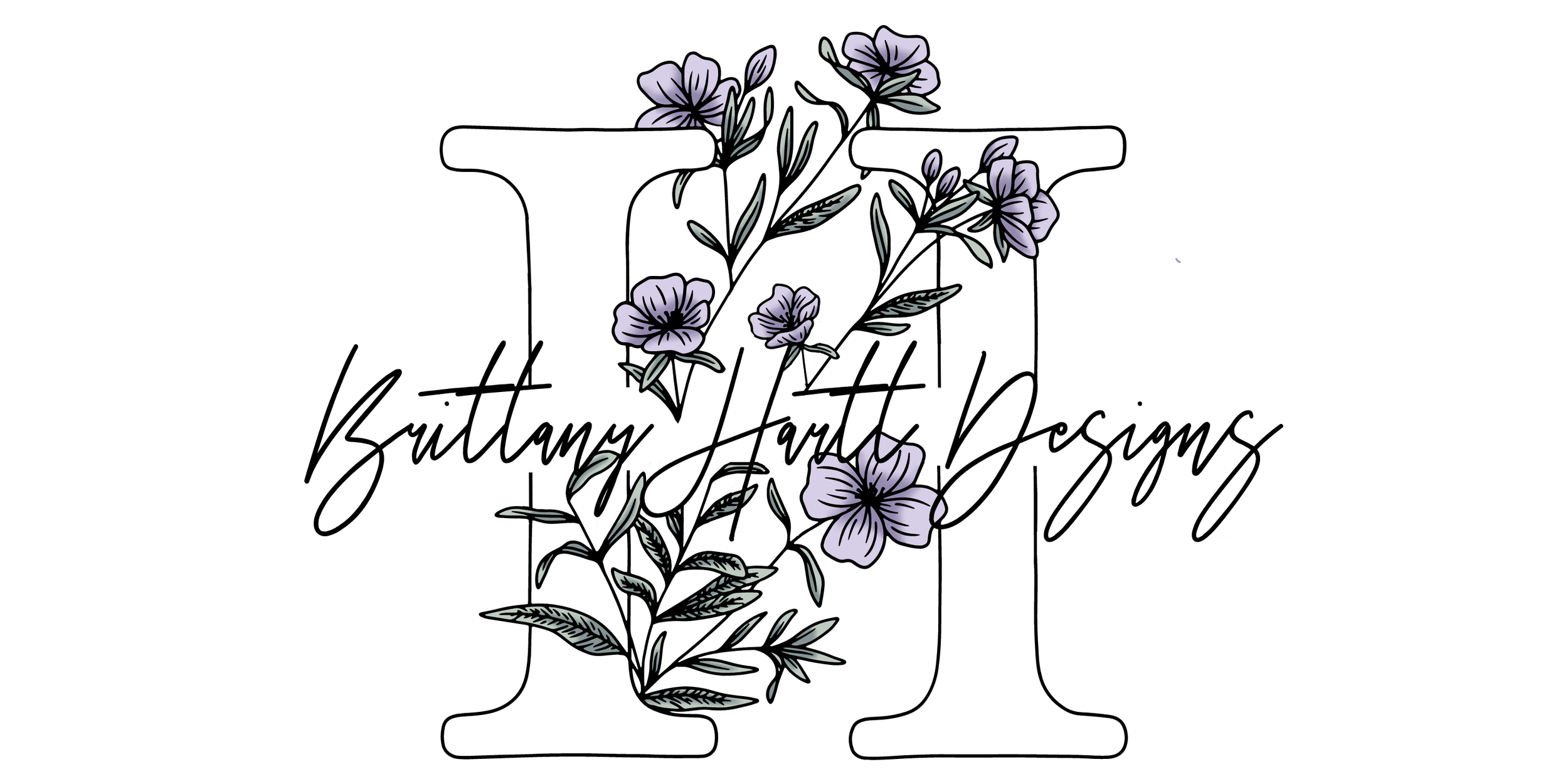 Large white letter H with purple flowers and green leaves, over a white oval background, with cursive black text that reads "Brittany Hartt Designs."