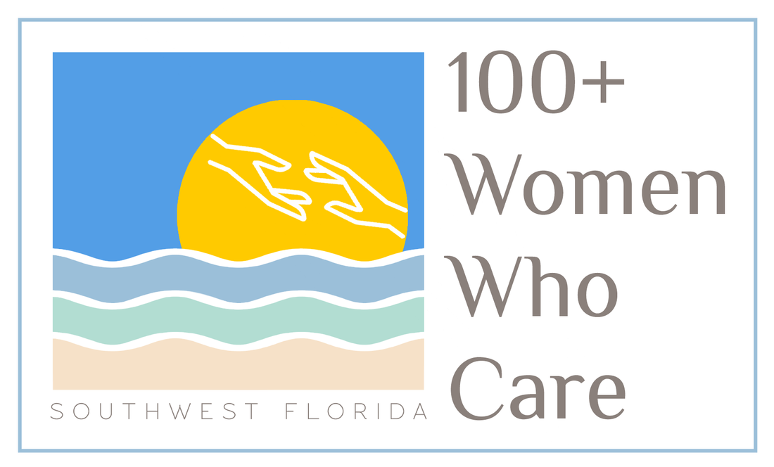Logo with two hands reaching toward each other in front of a sunset, with text '100+ Women Who Care' and 'Southwest Florida'