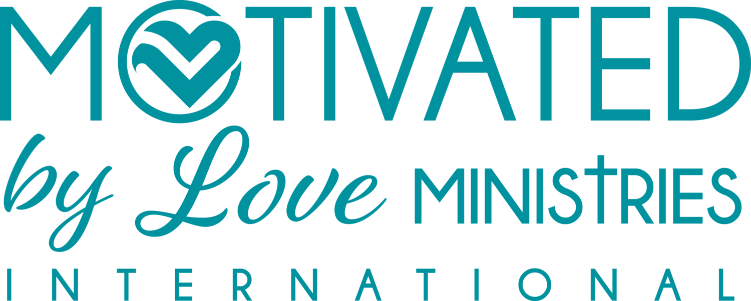 Motivated by Love Ministries International logo with the word 'Motivated' in large blue font, a stylized heart and checkmark next to it, and the words 'by Love Ministries' in cursive.