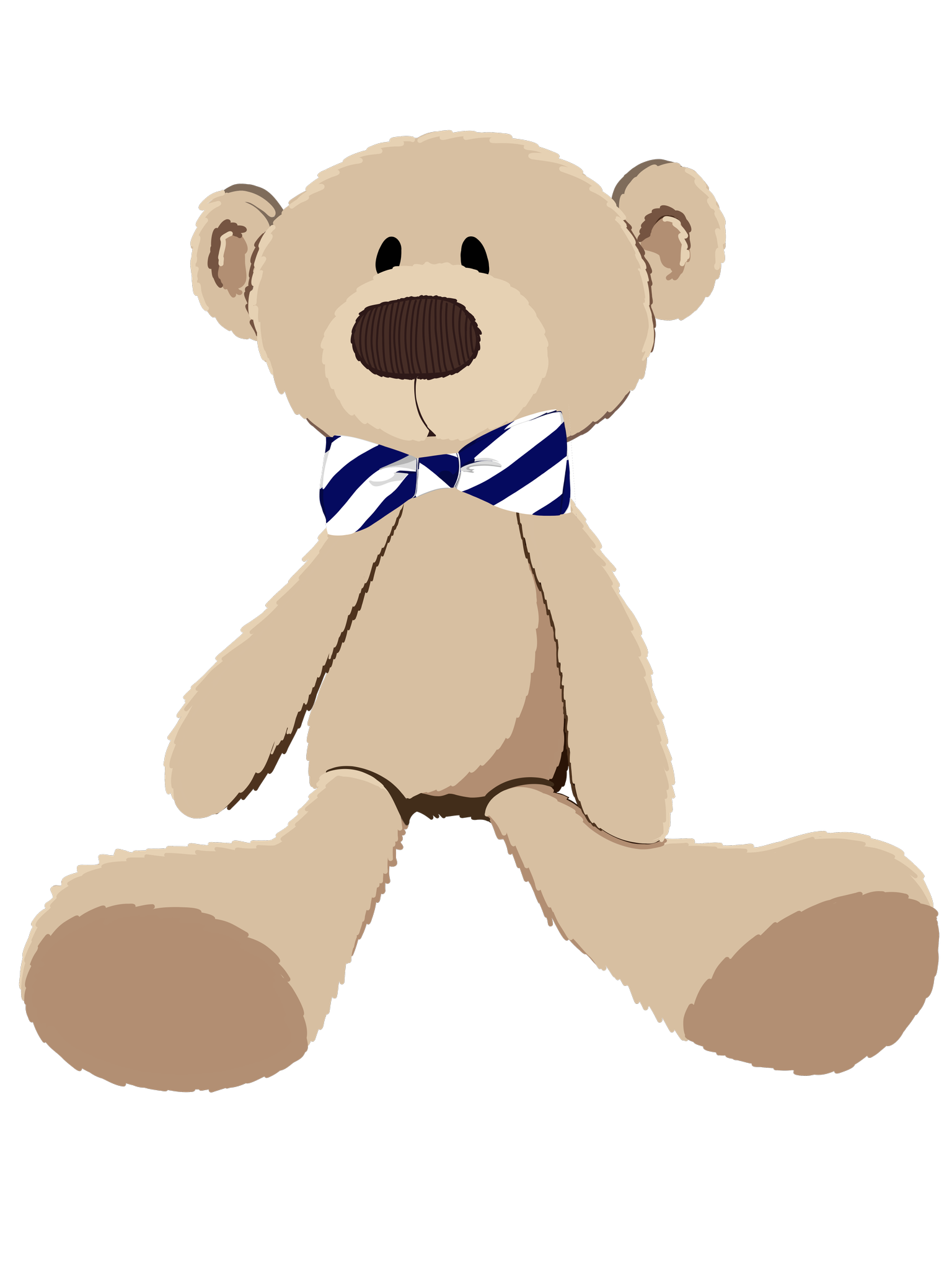 A cartoon benny bear wearing a blue and white striped bow tie, sitting with legs spread apart.