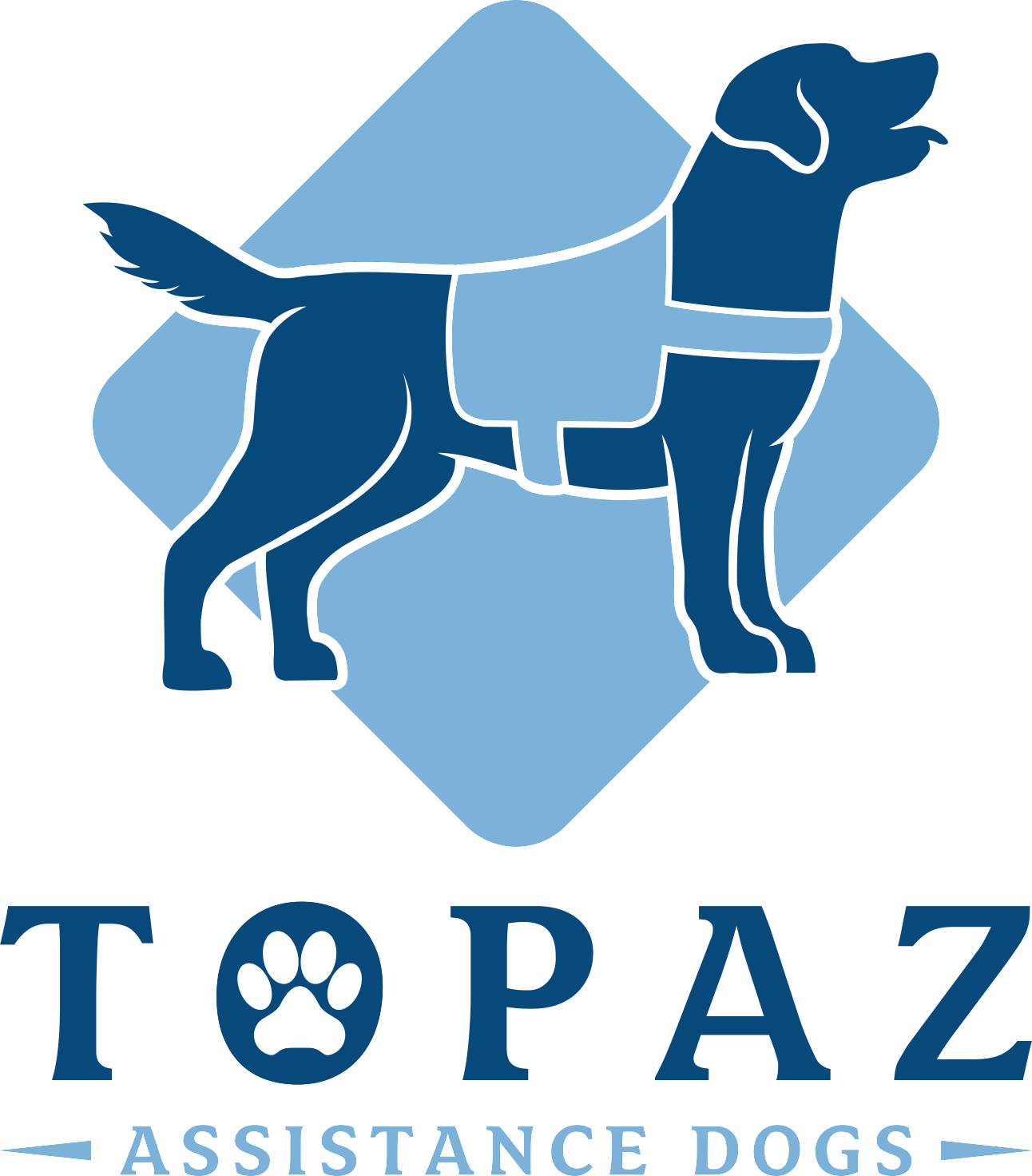 A blue and dark blue illustration of a guide dog wearing a vest, with the words "TOPAZ Assistance Dogs" and a paw print logo beneath.