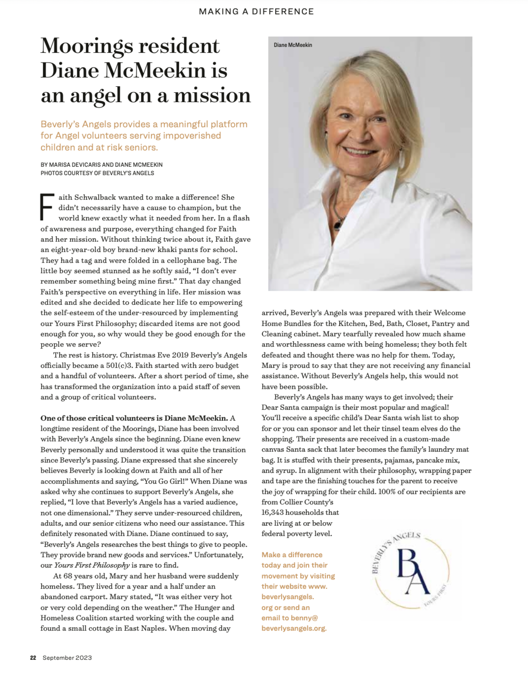 Photograph of Diane McMeekin, a smiling senior woman with blonde hair, wearing a white shirt, in a magazine article about her volunteer work with Beverly's Angels.