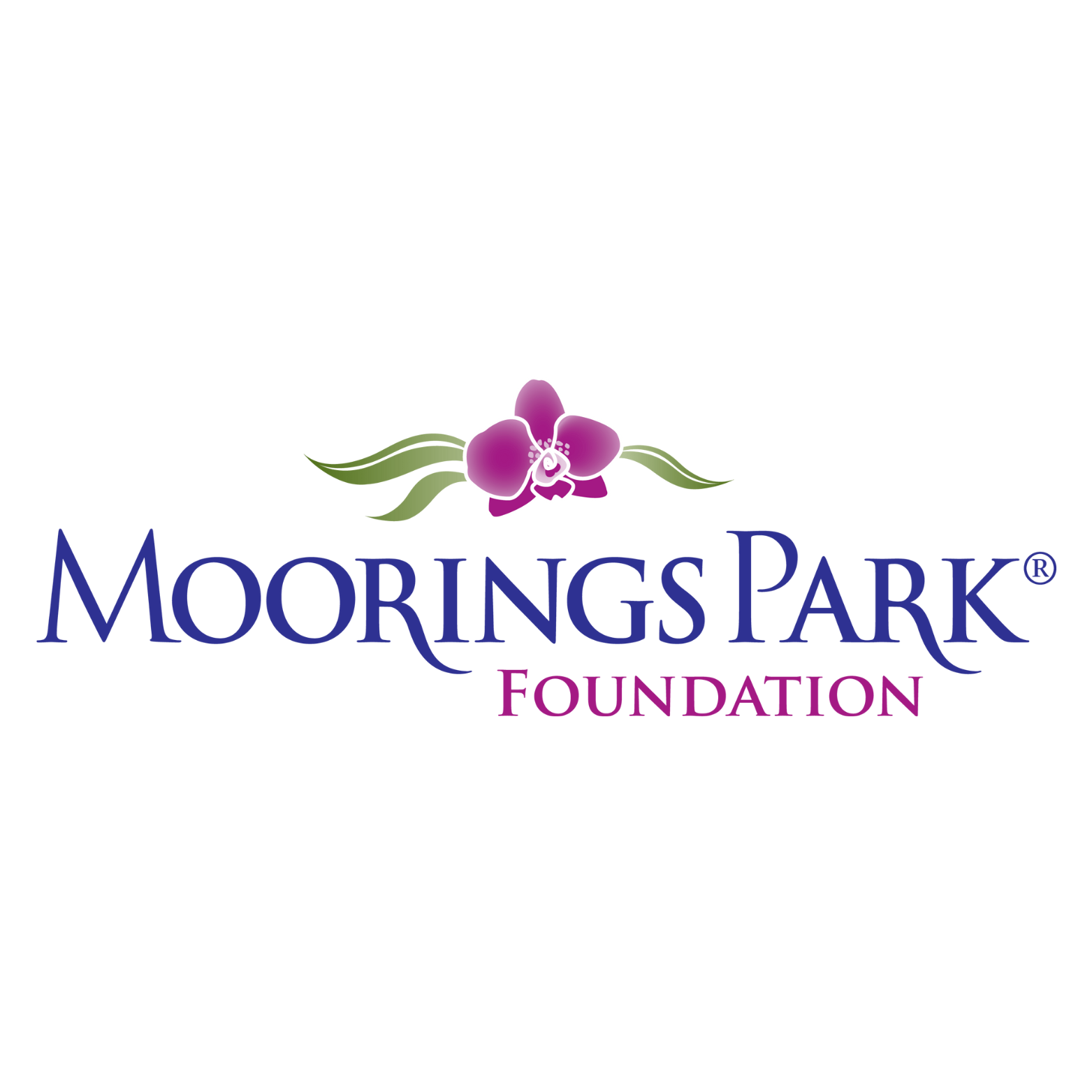 Logo of the Moorings Park Foundation featuring a purple orchid flower with green leaves above the name, written in blue and purple text.