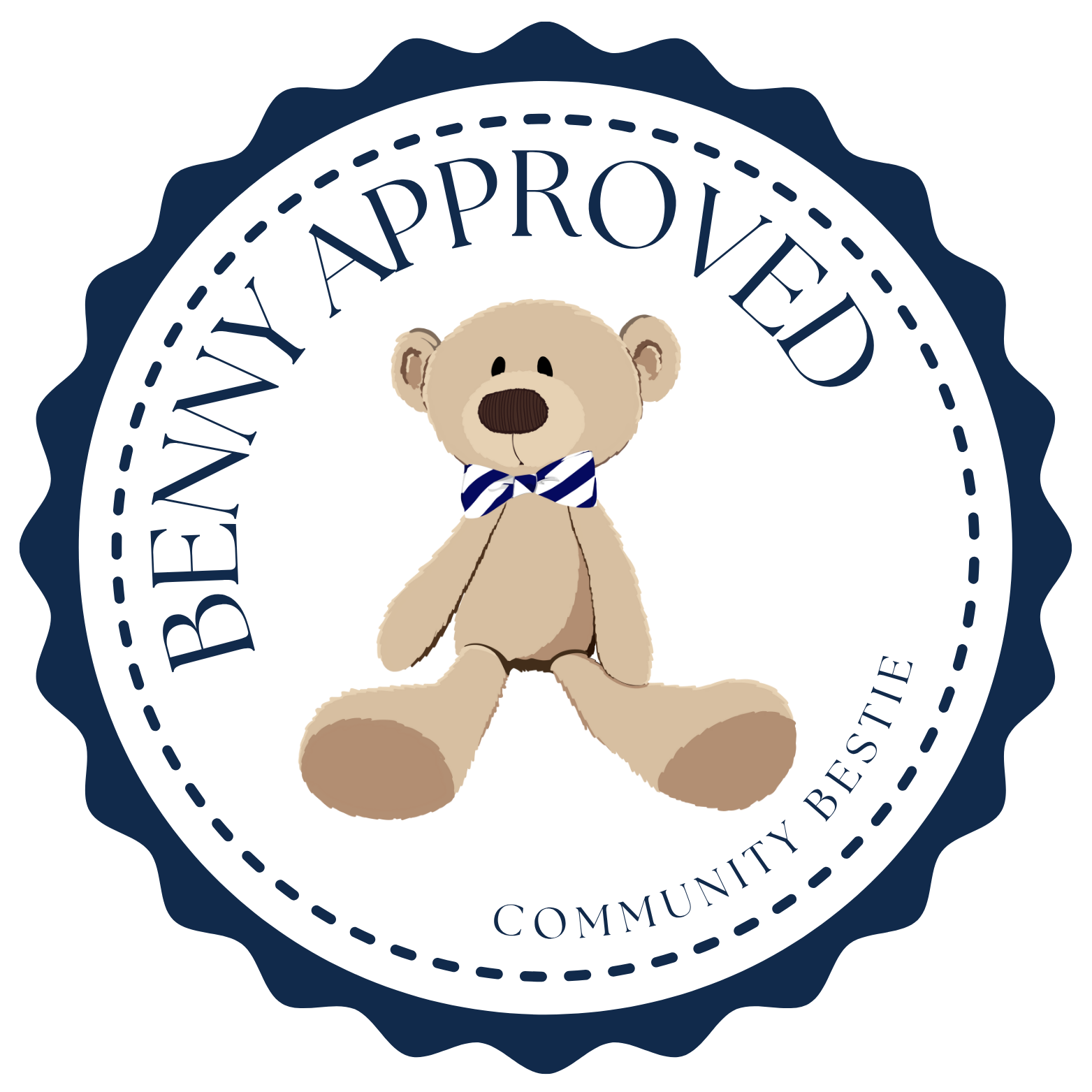 A badge with a scalloped dark blue border, featuring a teddy bear with a striped bow tie in the center, and the text "Benny Approved" around the top, and "Community Bestie" at the bottom.