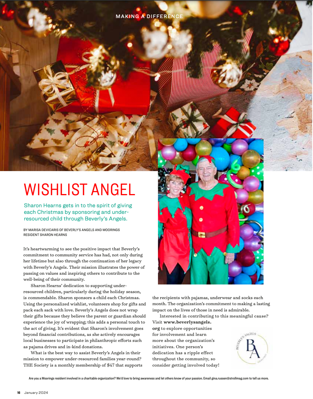 A Christmas scene with a decorated tree and wrapped presents underneath, and a separate photo of two people dressed as elves in front of Christmas ornaments.