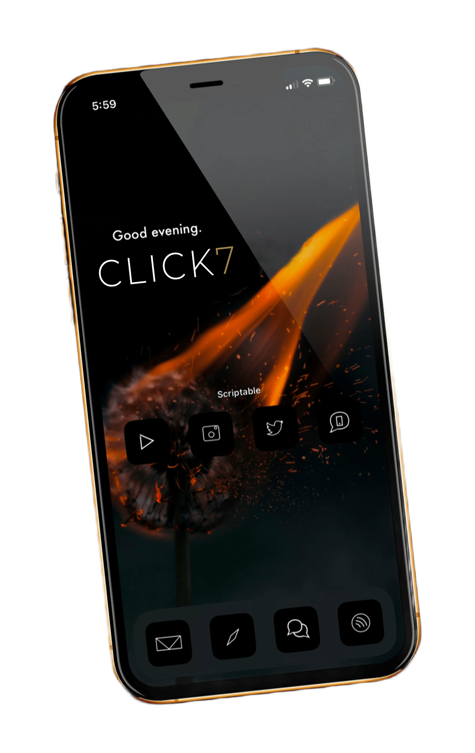 A stylish, gold-plated mobile phone illustrating CLICK7's online presence.