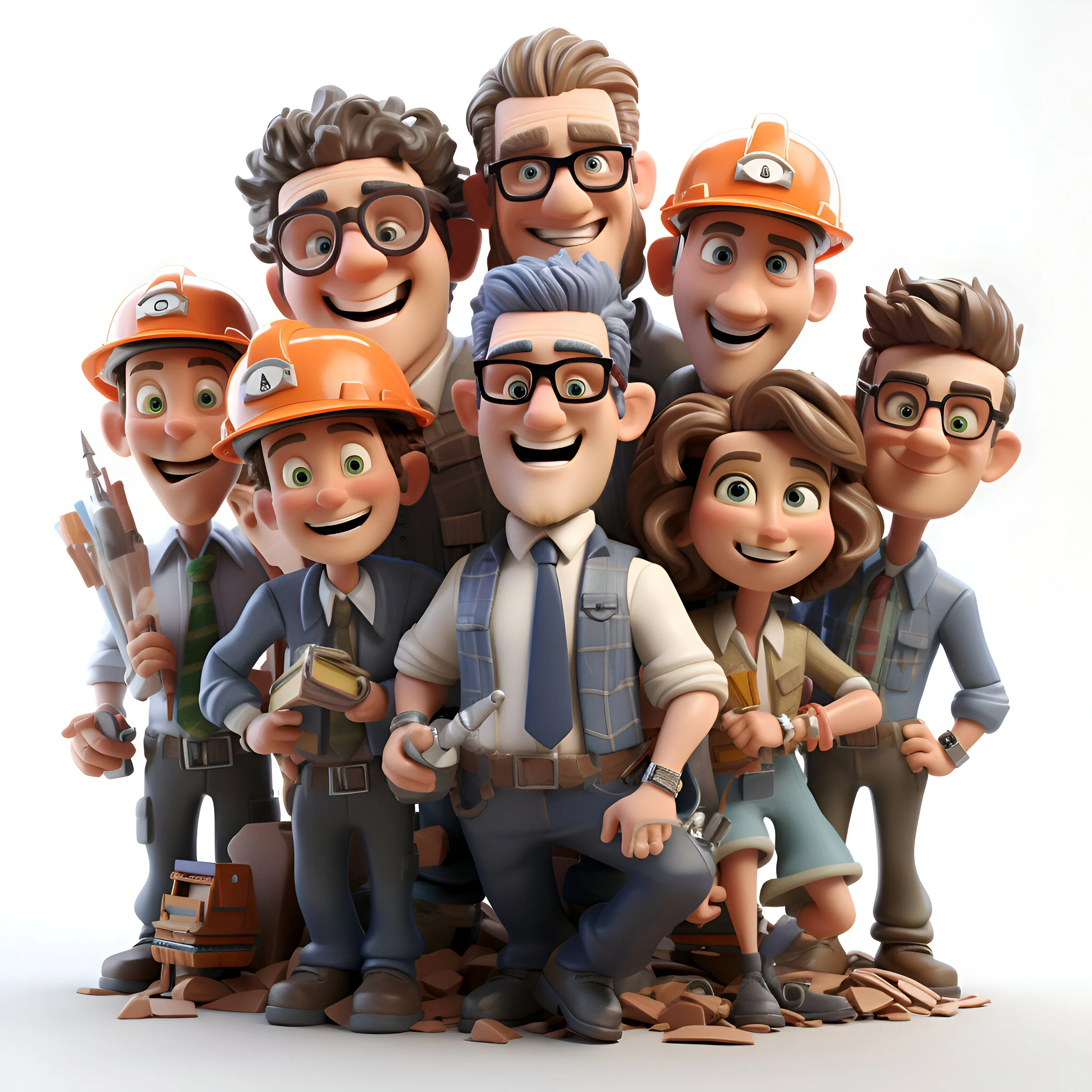 Group of animated characters with tools and construction helmets, smiling.