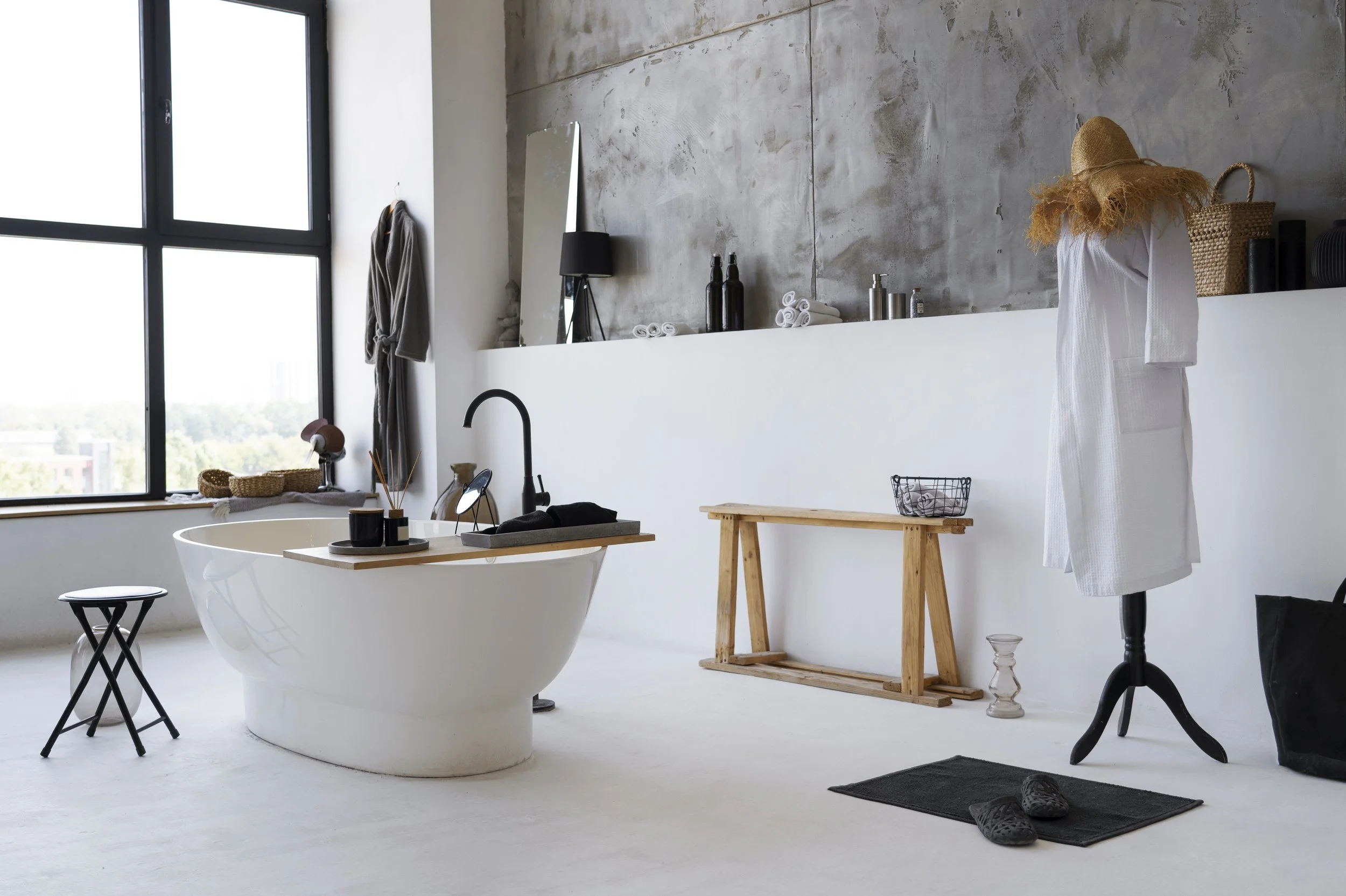 Modern bathroom interior with a freestanding bathtub, rustic stool, mannequin with robe and straw hat, and industrial wall backdrop.