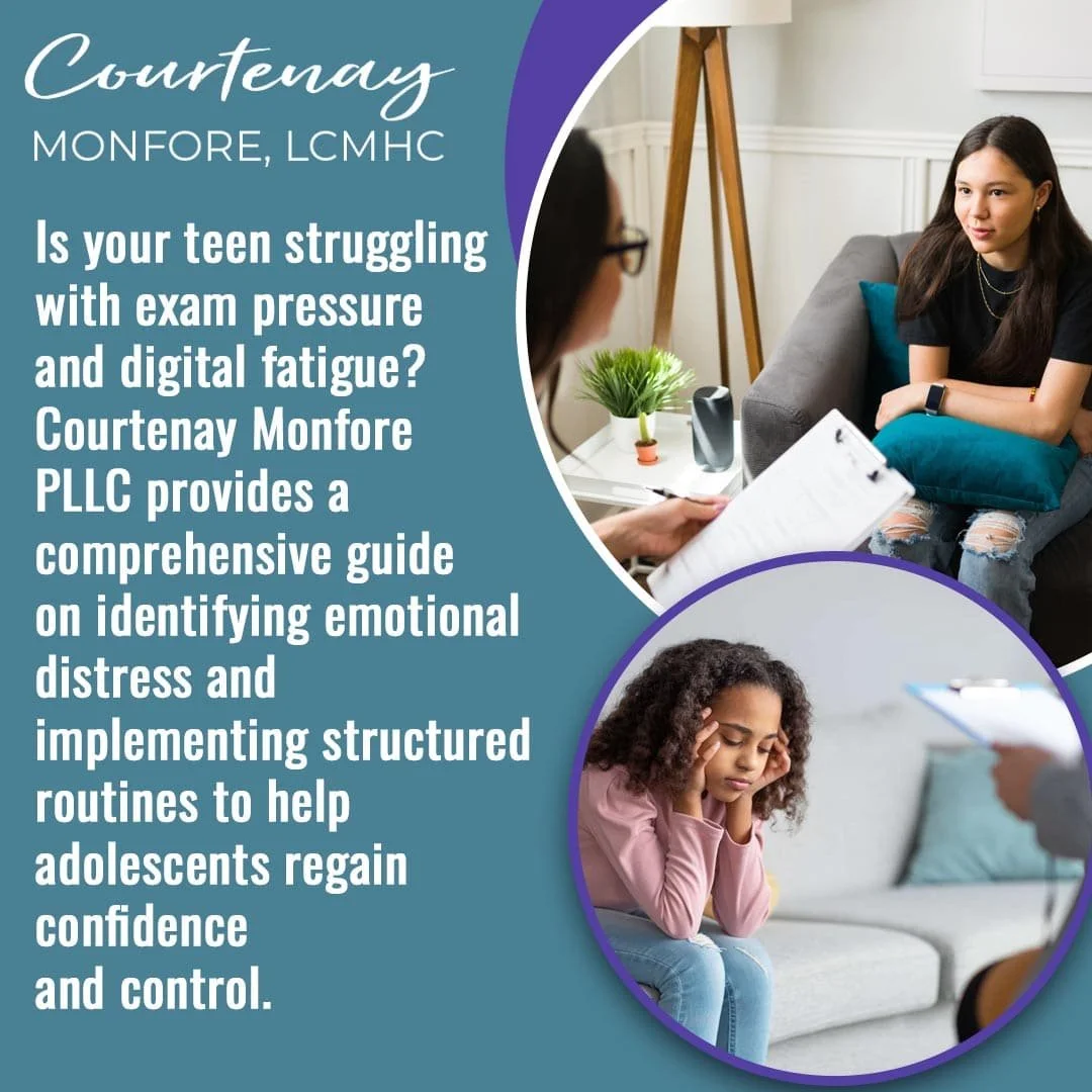 Teen girl in therapy session discussing exam pressure and emotional distress with counselor