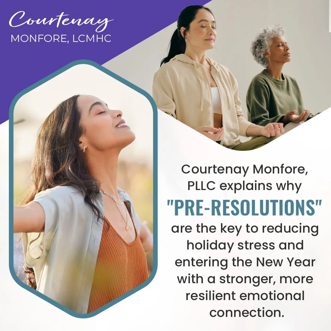 A promotional graphic for Courtenay Monfore, LCMHC, featuring three women in peaceful, meditative poses. On the left, a woman in a teal-framed hexagonal inset smiles with eyes closed, basking in sunlight.