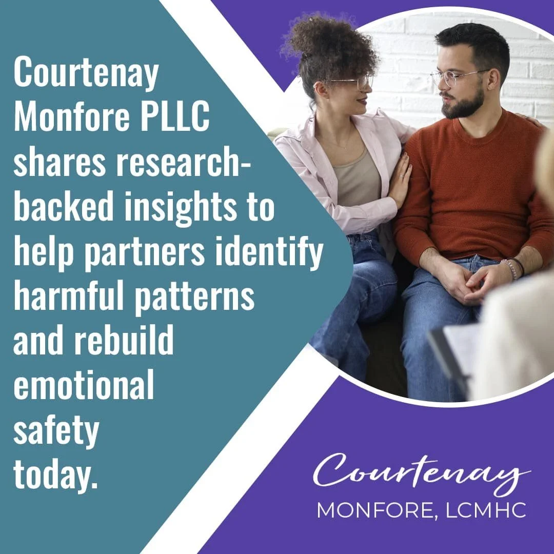 Couple in counseling session rebuilding trust and emotional safety with therapist guidance