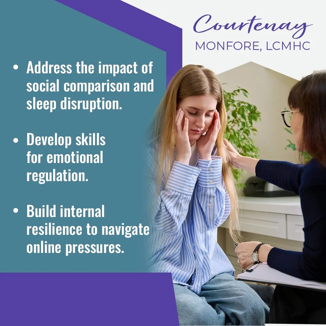 Teen therapy session addressing social comparison, sleep disruption, and emotional regulation with a counselor at Courtenay Monfore PLLC in Charlotte NC.