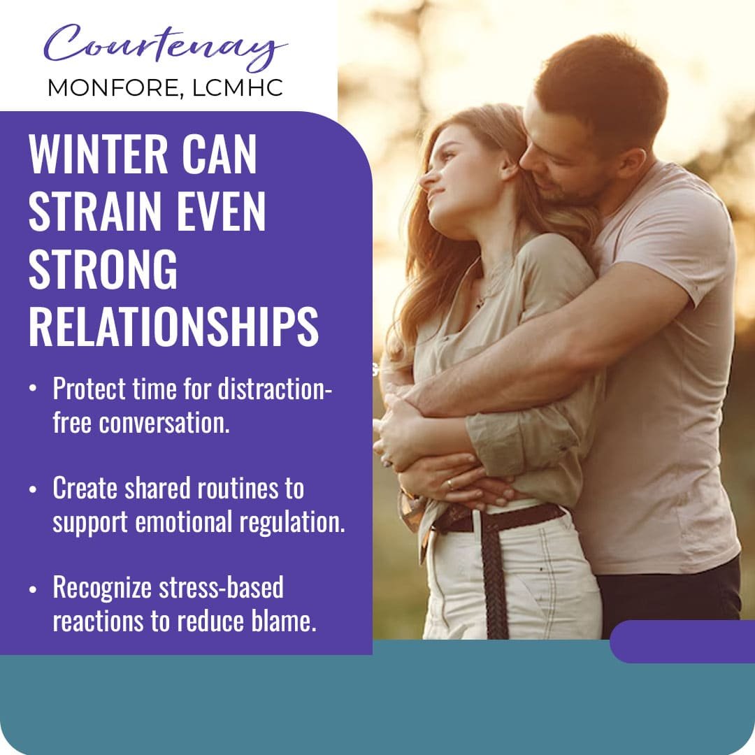 Couple embracing outdoors showing emotional connection and support during winter relationship stress