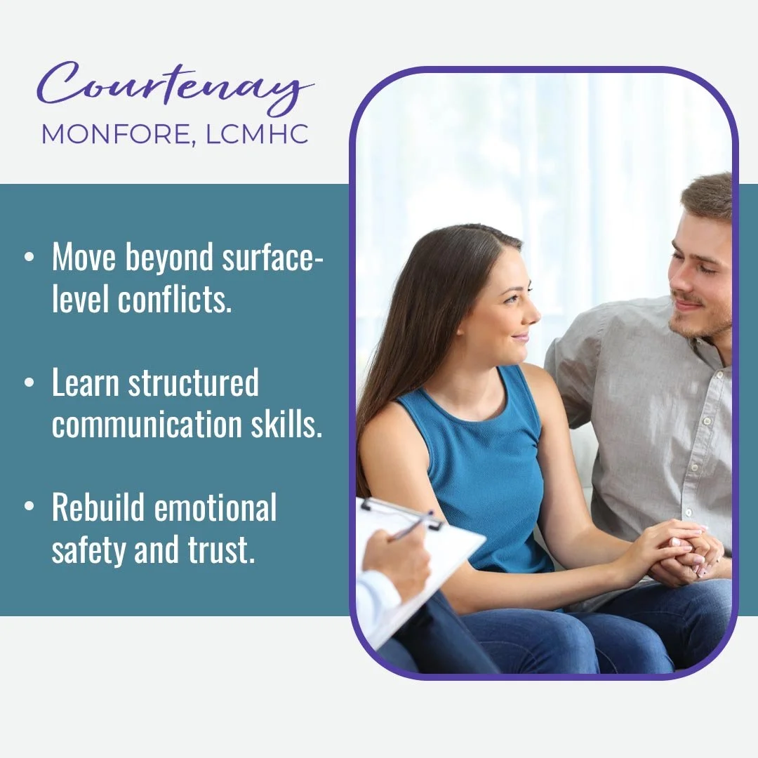Couple attending relationship counseling to improve communication skills and rebuild emotional safety with therapist Courtenay Monfore in Charlotte NC.