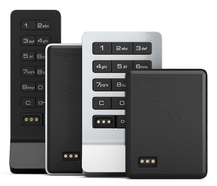 Four wireless phone receivers with keypads and contactless payment symbols