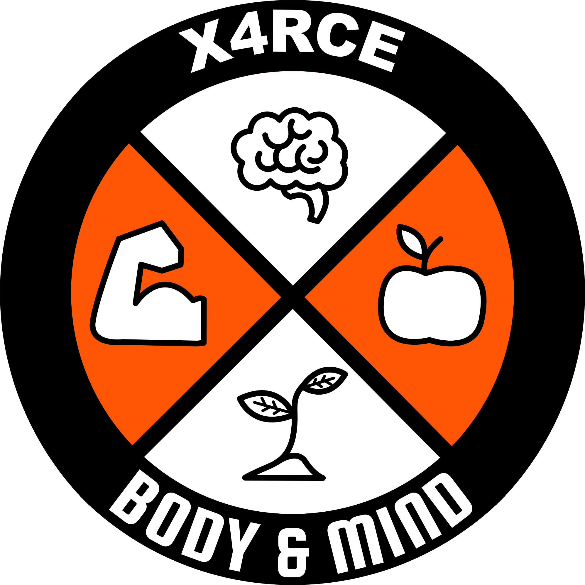 A logo with a black background. It features an orange section with a white apple icon and green leaves, a white wine glass, and a brain icon inside a stylized diamond shape. The text '4ARCE' is at the top in white, with the words 'BODY & MIND' at the bottom, and 'BOUY & M' partially visible.