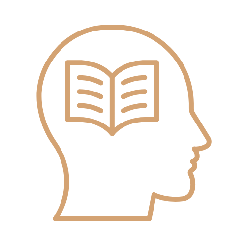 An outline of a human head in profile with a book inside the head representing thinking or learning.