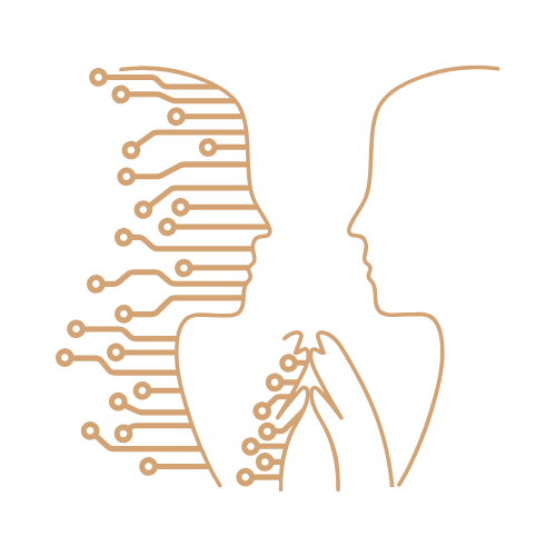 Outline of two human faces in profile, facing each other, with circuitry designs on their faces and hands, symbolizing connection between humans and technology.