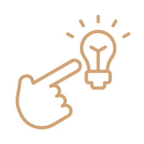 An outline illustration of a pointing finger and a lightbulb representing an idea or innovation.