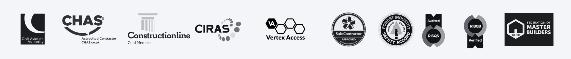 Vertex Air industry accreditations and safety certifications including CHAS, Constructionline, CIRAS, RISQS, and ISO standards.