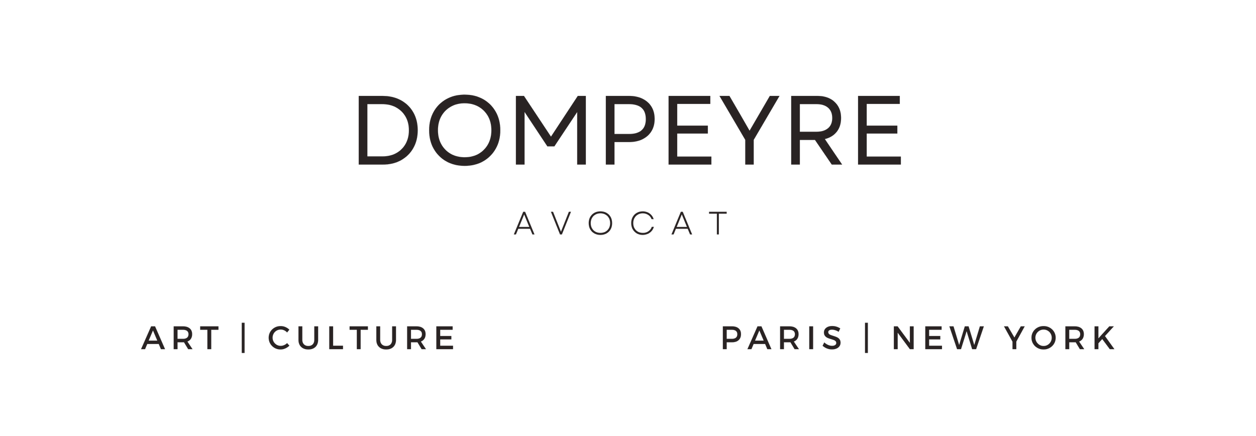 Logo du cabinet d'avocats DOMPEYRE Avocats, avec des mots clés comme ART, CULTURE, PARIS, NEW YORK.
