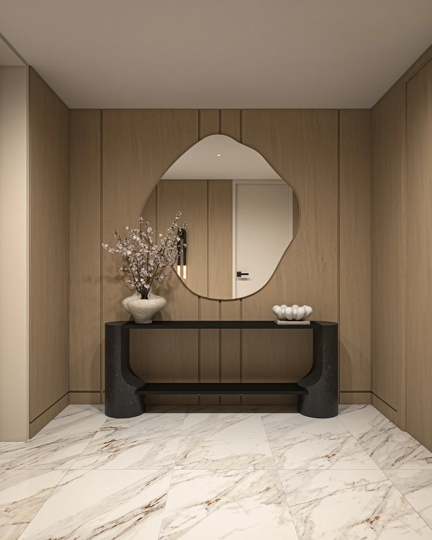 Entry foyer at Alina Residences in Boca Raton. Featuring a elegant design with a neutral palette and sculptural accents that set the tone from the first step in.