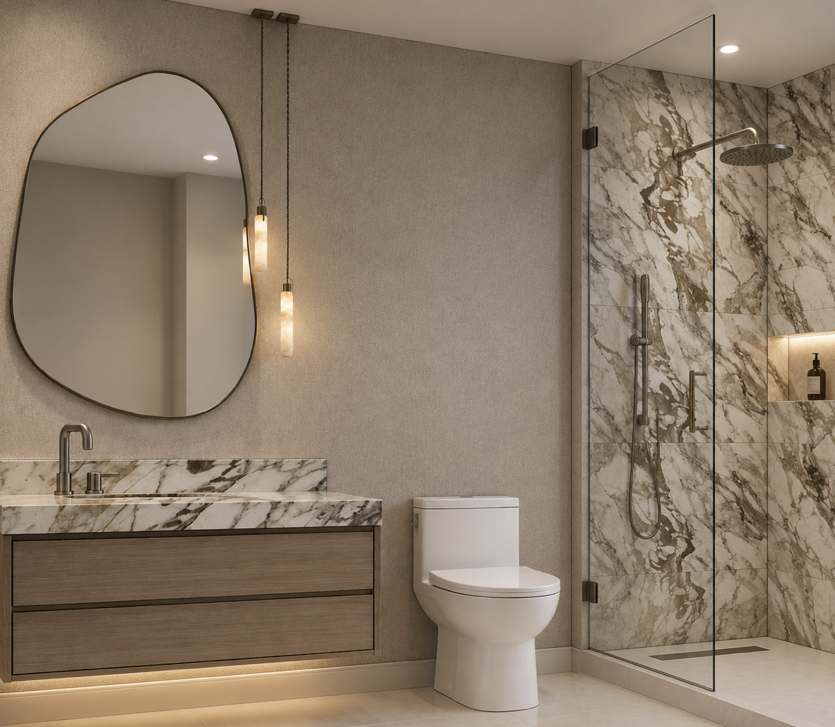 Modern bathroom with vanity mirror, beige cabinetry, and a glass-enclosed shower with two showerheads and seating.