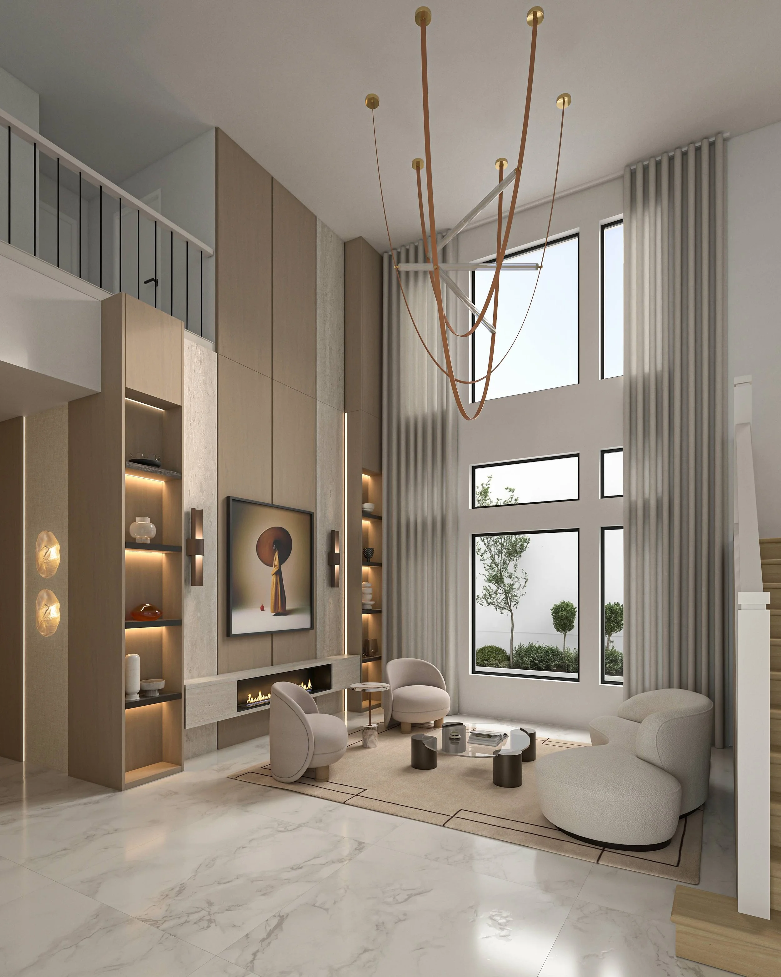 Custom floor-to-ceiling millwork with warm wood and integrated lighting at Lotus Palm Residence in Boca Raton