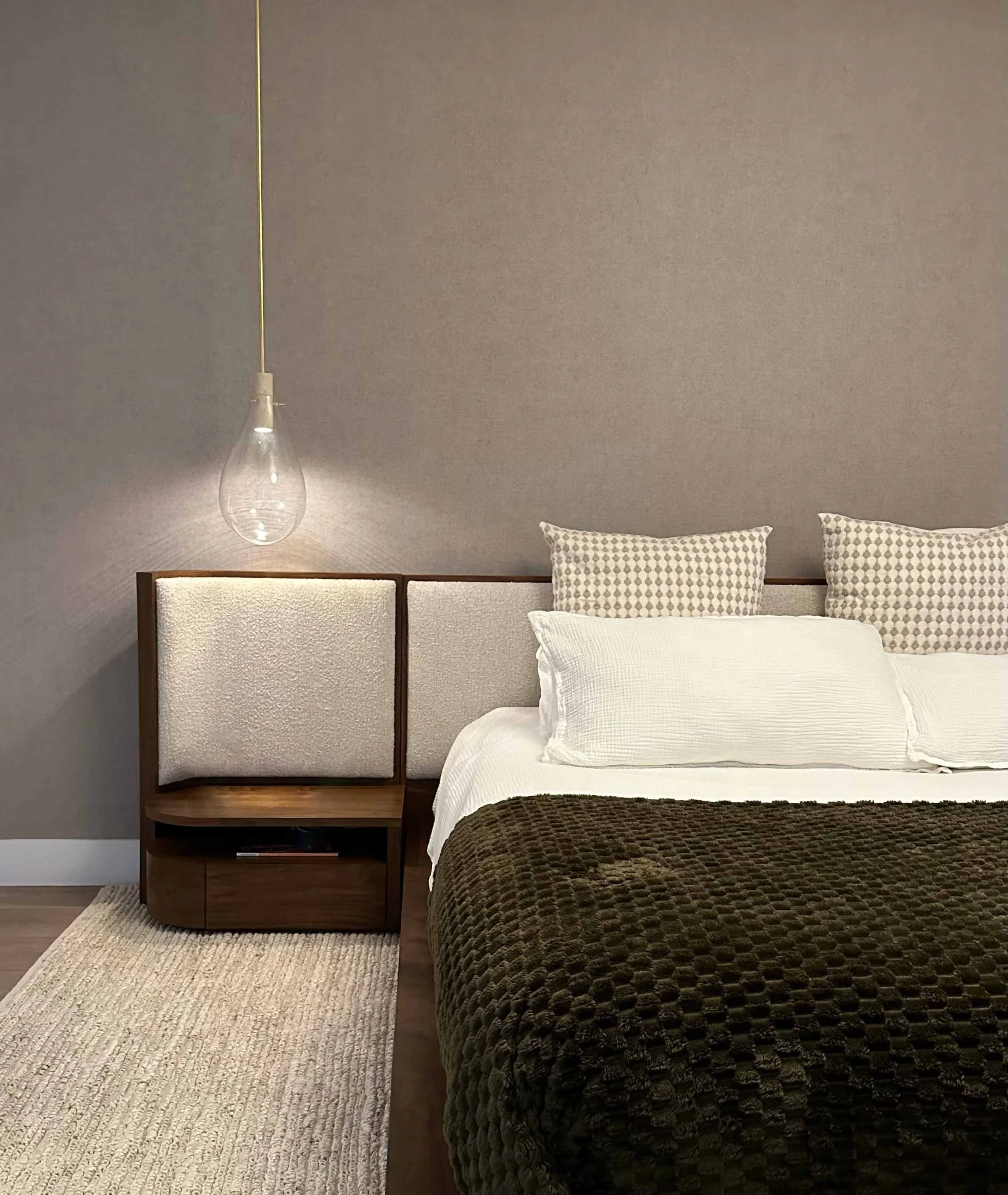 A closer look at our custom-designed headboard and handblown pendant light