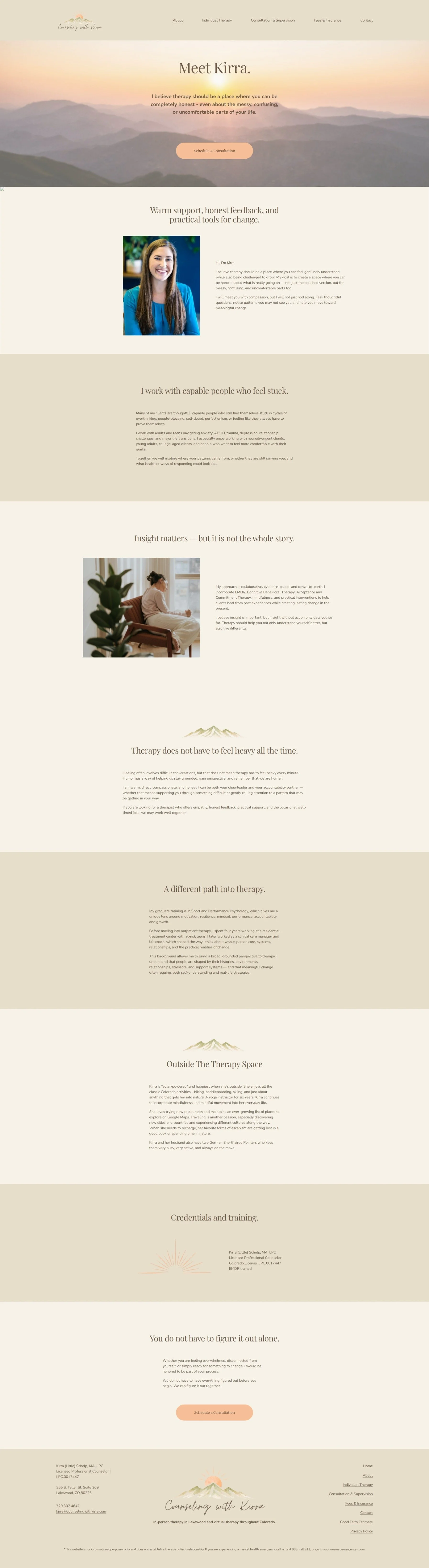 Homepage of a counseling website featuring a mountain sunrise background with the title "Meet Kirra" and a quote about honesty in therapy. The page includes sections about therapy approaches, a photo of a smiling woman, testimonials, outside therapy space, credentials, and a call to schedule a consultation, all styled with soft earth tones.