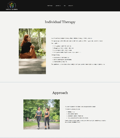 Two sections of a website page about therapy, each with an image and text. The first image shows a woman sitting outdoors near trees, and the second image shows two women walking in a park.