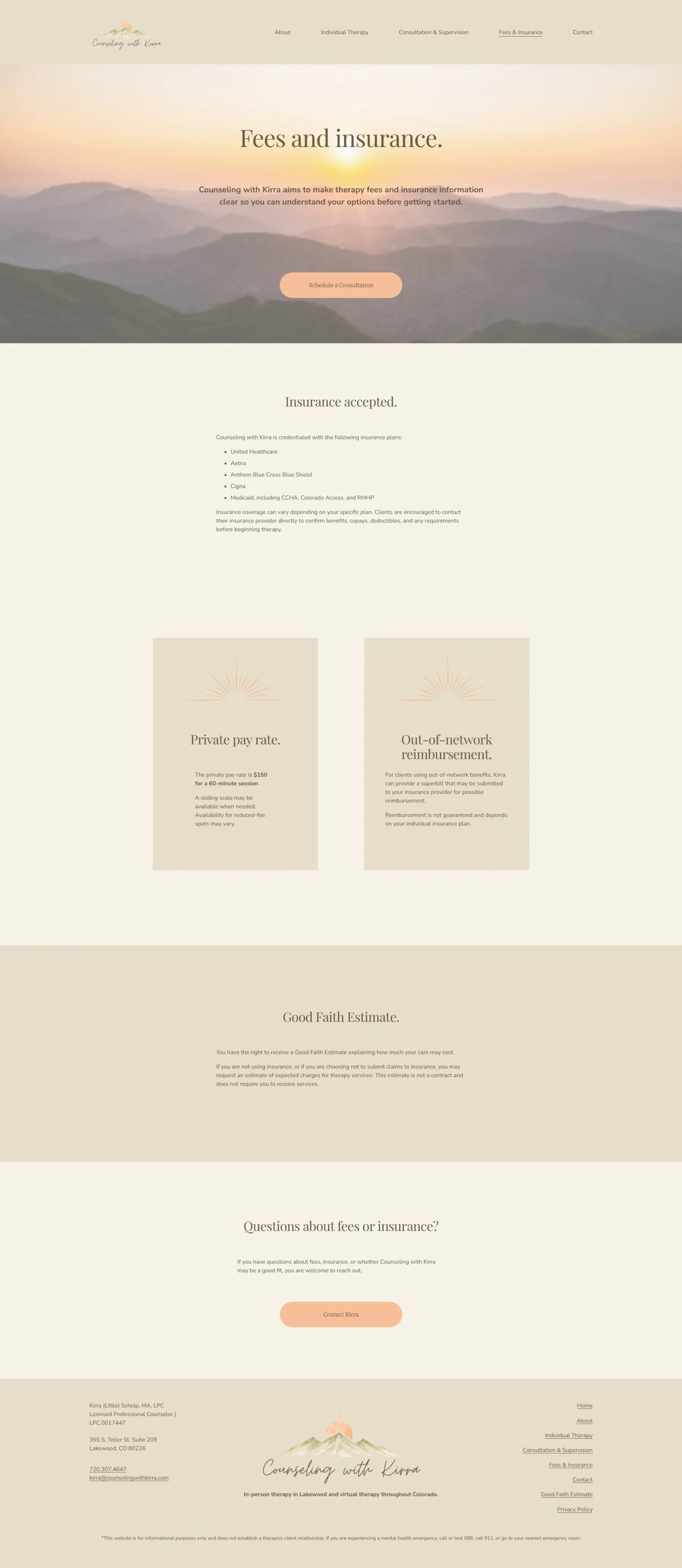 A counseling website homepage with a peaceful mountain landscape background, featuring sections on fees and insurance, private pay rate, out-of-network reimbursement, and contact information, all in soft neutral tones.