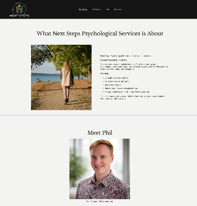 Two sections of the about page of a website with a woman walking along a dirt path near a body of water with trees overhead, and a professional headshot of a man with short hair and a patterned shirt.