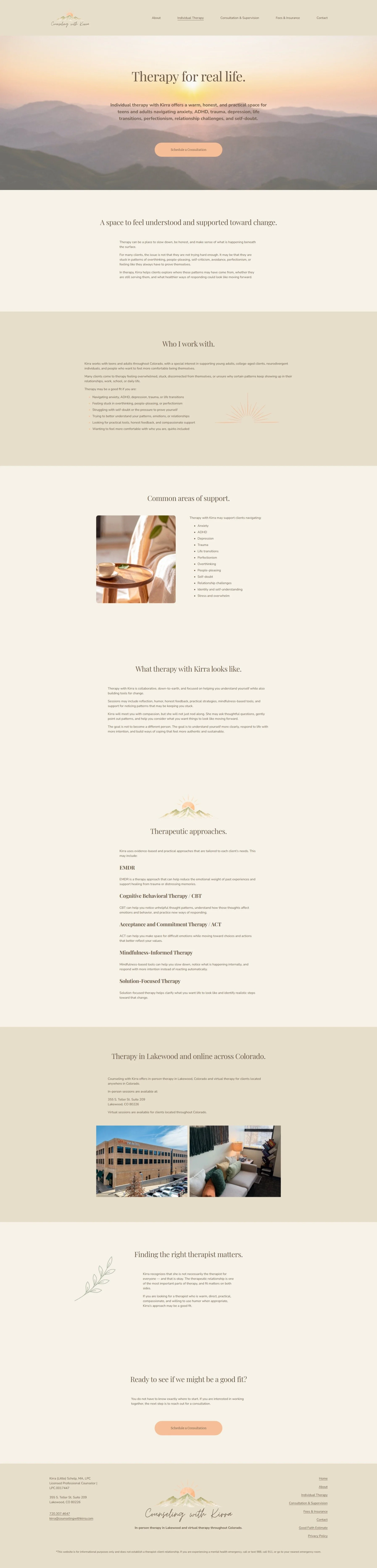 Screenshot of a therapy website with a serene mountain landscape at sunset, text about therapy services, therapeutic approaches, locations, and images of a building and a cozy therapy room.