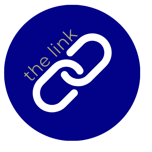 Blue circular icon with a black chain link graphic and the words 'the link' written diagonally.