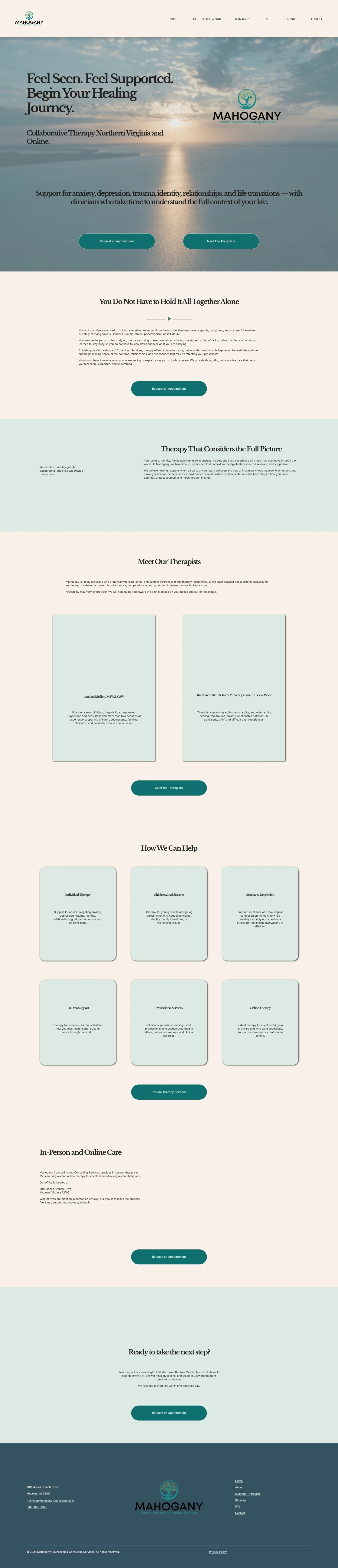 Homepage of Mahogany, a therapy service offering support for anxiety, depression, trauma, and life transitions, featuring a calming sea view, therapist profiles, and contact options.