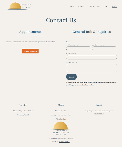 Arlington Compassionate Counseling contact page with sections for appointments and inquiries, including a contact form, location, hours, and contact information.